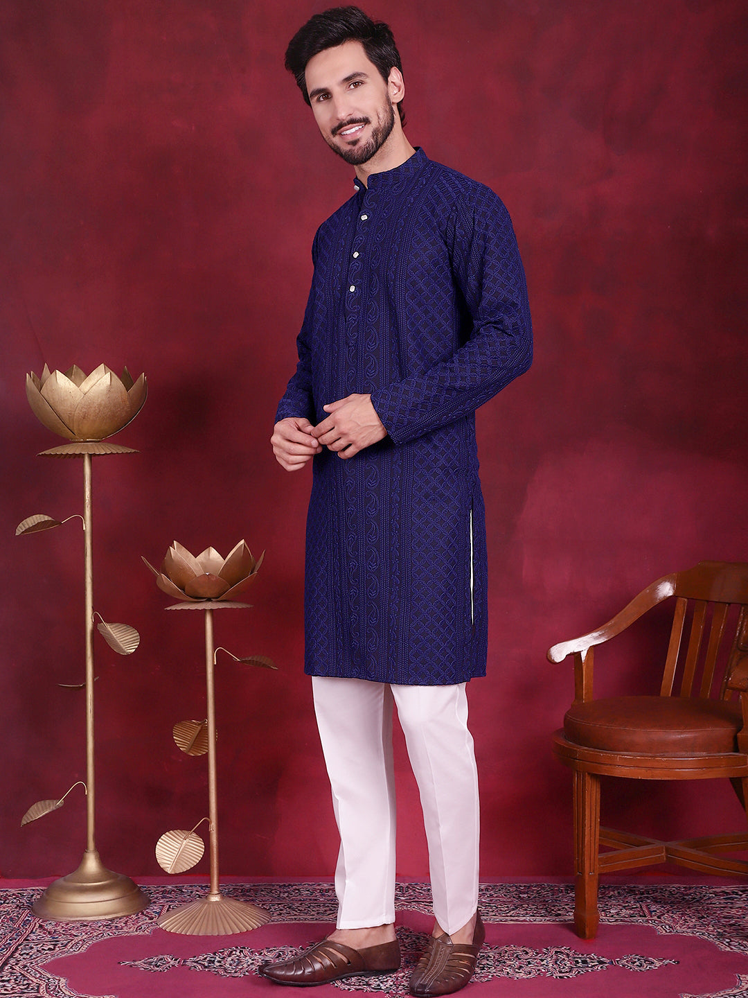 Jompers Men's Chikankari Embroidered Kurta Pyjama Set - Navy Blue | Grocsy