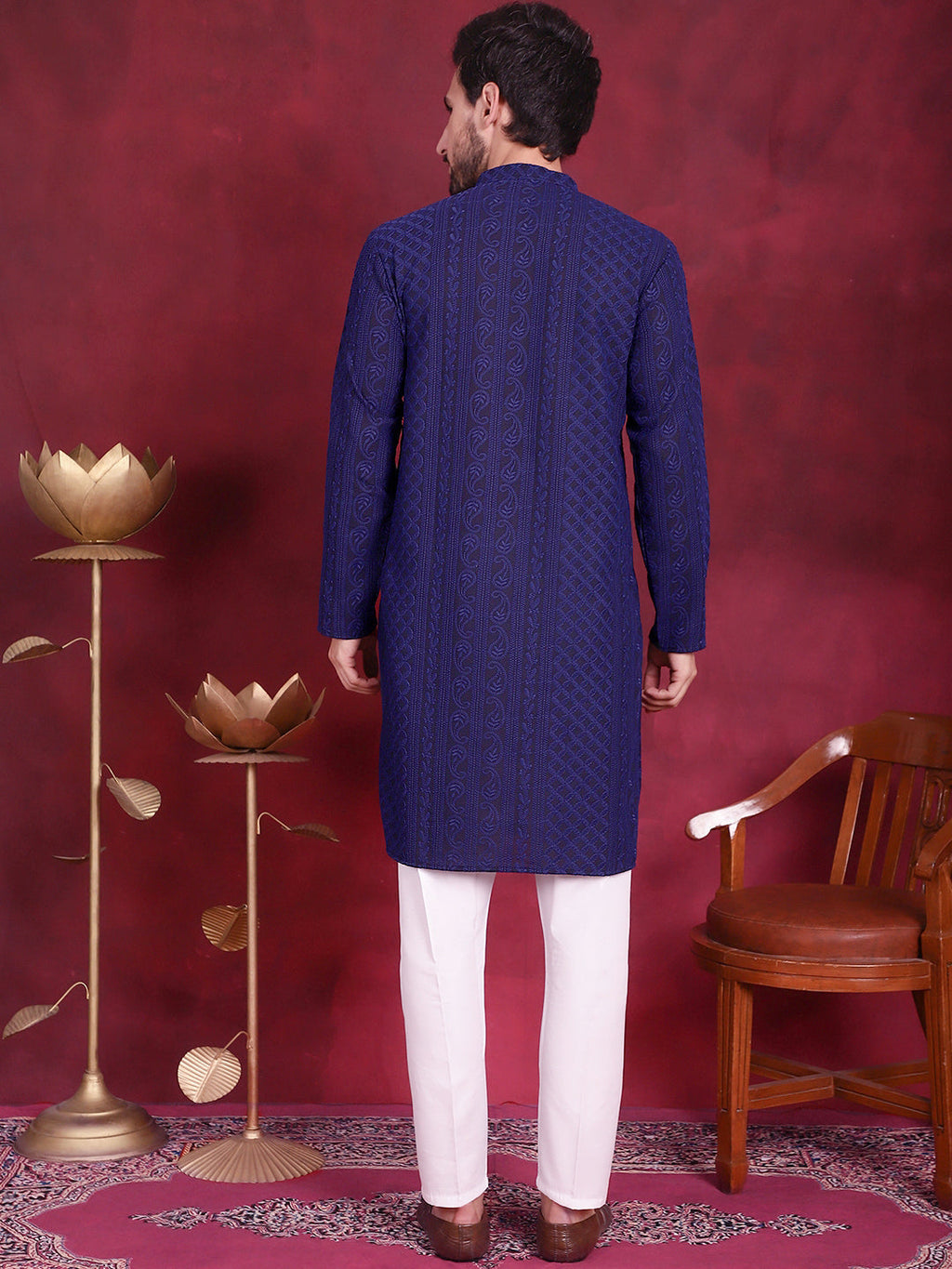 Jompers Men's Chikankari Embroidered Kurta Pyjama Set - Navy Blue | Grocsy