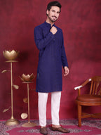 Jompers Men's Chikankari Embroidered Kurta Pyjama Set - Navy Blue | Grocsy