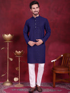 Jompers Men's Chikankari Embroidered Kurta Pyjama Set - Navy Blue | Grocsy
