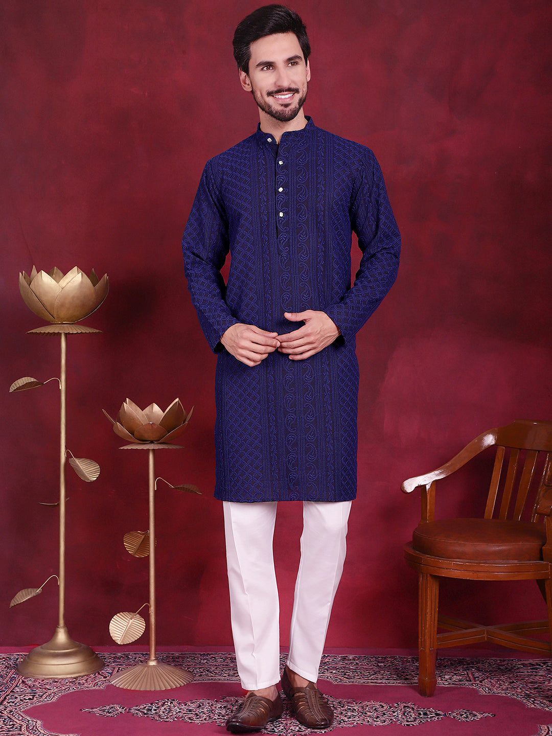 Jompers Men's Chikankari Embroidered Kurta Pyjama Set - Navy Blue | Grocsy