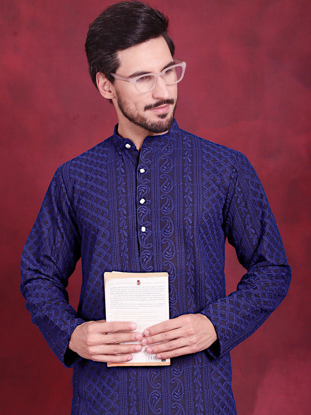 Jompers Men's Chikankari Embroidered Kurta Pyjama Set - Navy Blue | Grocsy