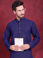 Jompers Men's Chikankari Embroidered Kurta Pyjama Set - Navy Blue | Grocsy
