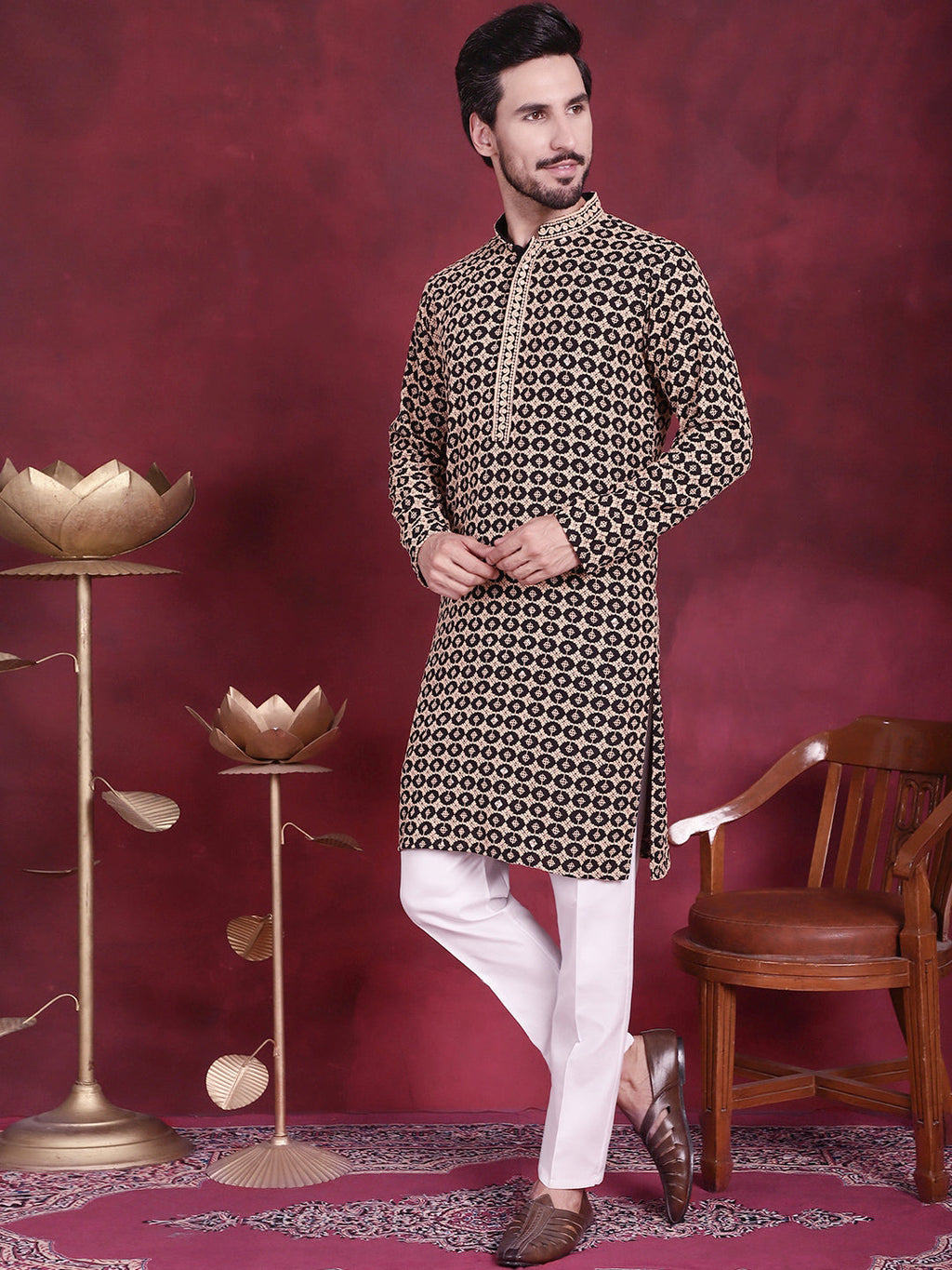 Jompers Men's Sequins Embroidered Kurta with Pyjama - Black | Grocsy