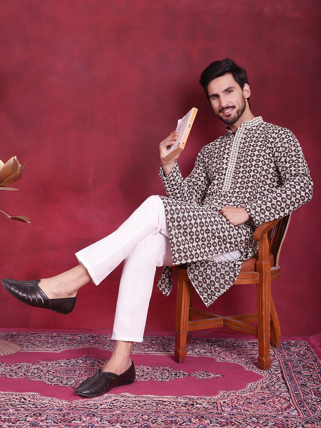 Jompers Men's Sequins Embroidered Kurta with Pyjama - Brown | Grocsy