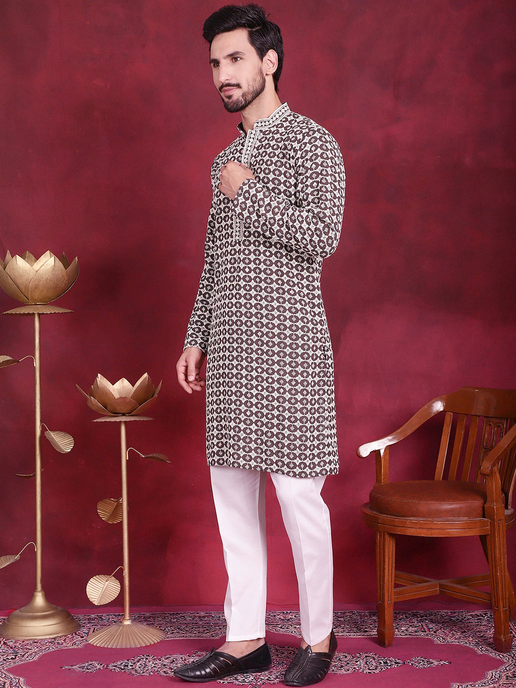 Jompers Men's Sequins Embroidered Kurta with Pyjama - Brown | Grocsy