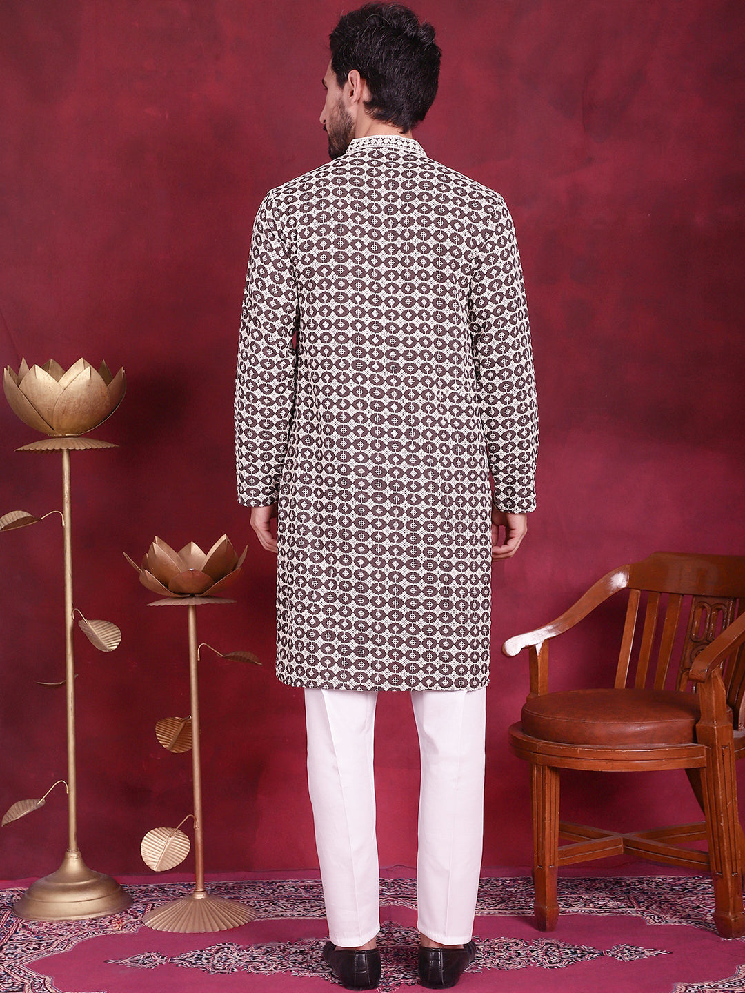 Jompers Men's Sequins Embroidered Kurta with Pyjama - Brown | Grocsy