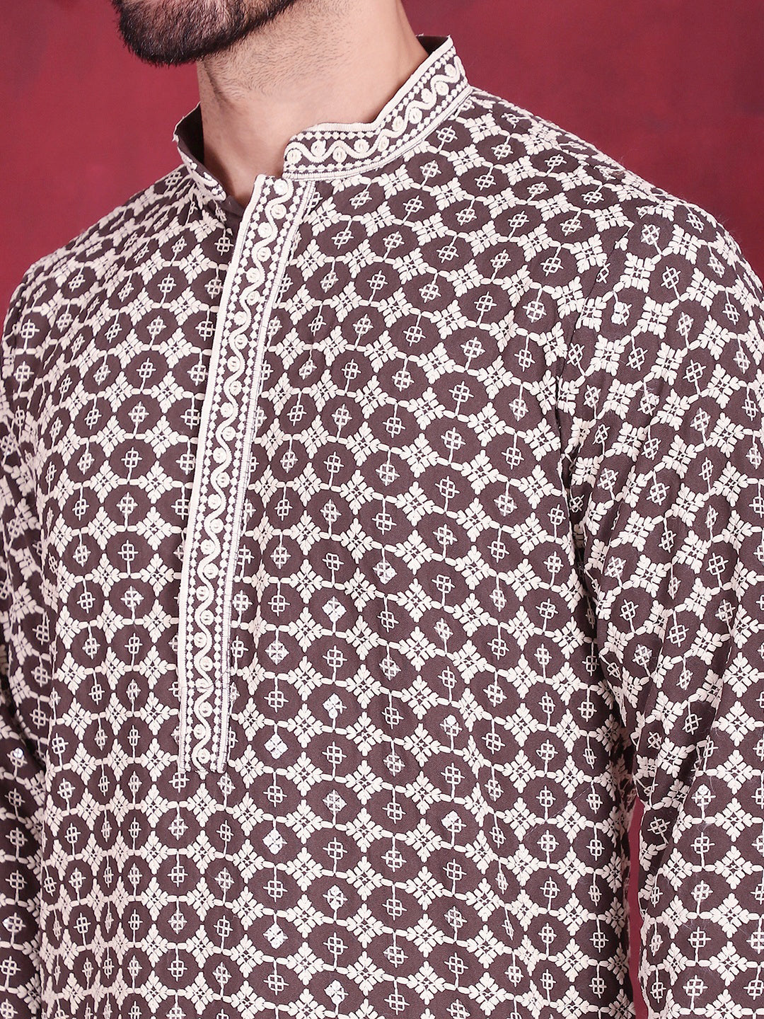 Jompers Men's Sequins Embroidered Kurta with Pyjama - Brown | Grocsy