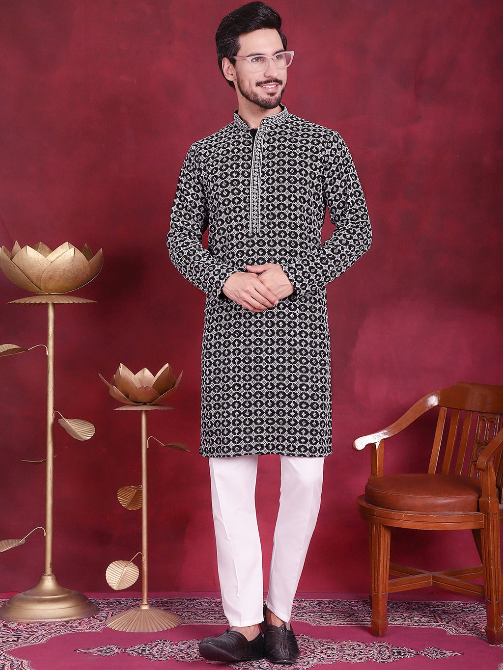 Jompers Men's Sequins Embroidered Kurta with Pyjama - Grey | Grocsy