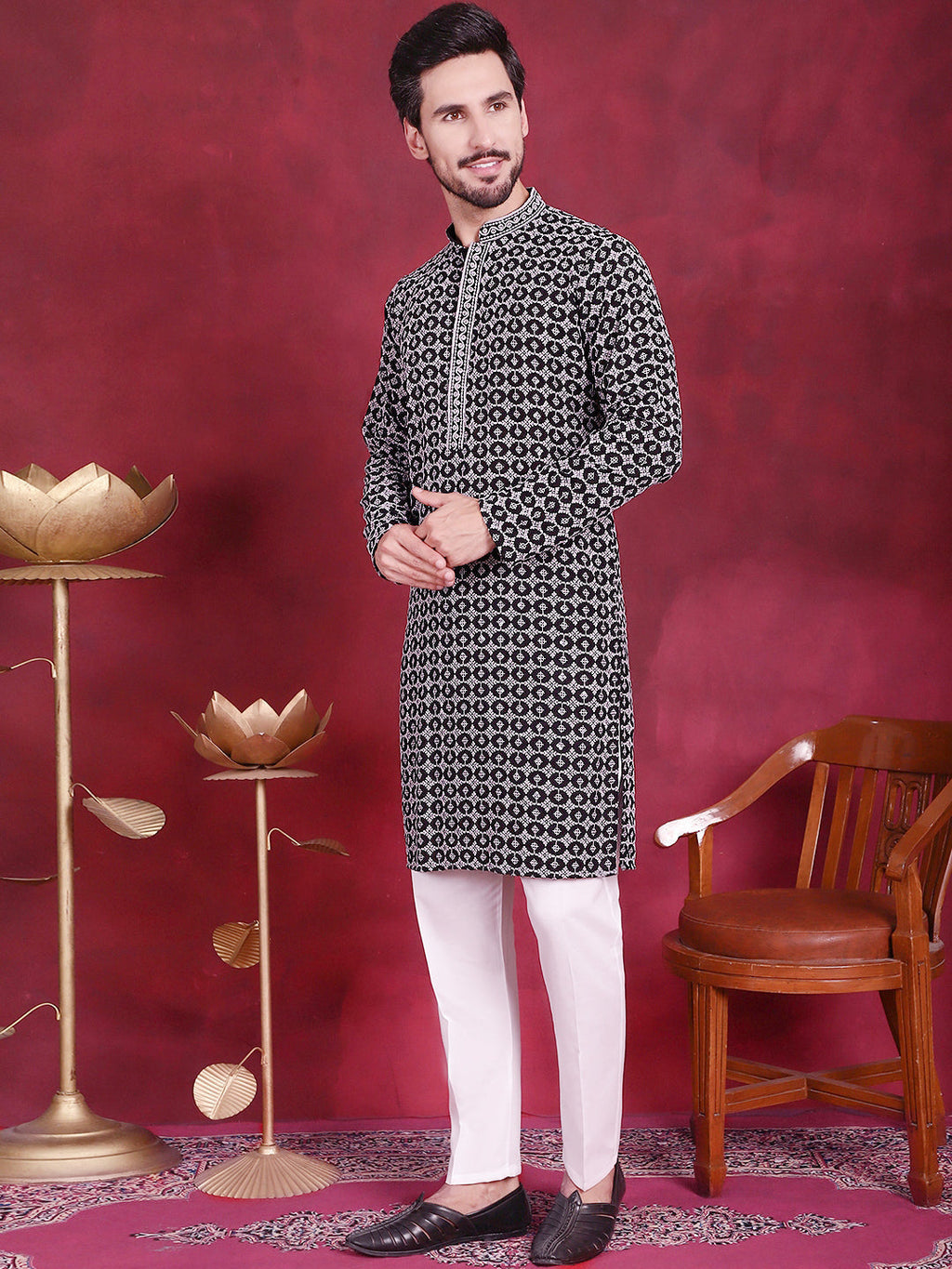 Jompers Men's Sequins Embroidered Kurta with Pyjama - Grey | Grocsy