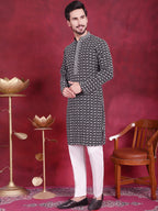 Jompers Men's Sequins Embroidered Kurta with Pyjama - Grey | Grocsy