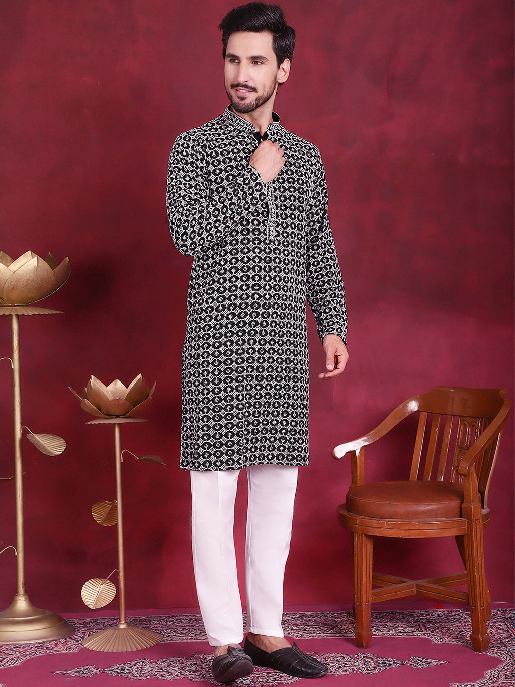 Jompers Men's Sequins Embroidered Kurta with Pyjama - Grey | Grocsy