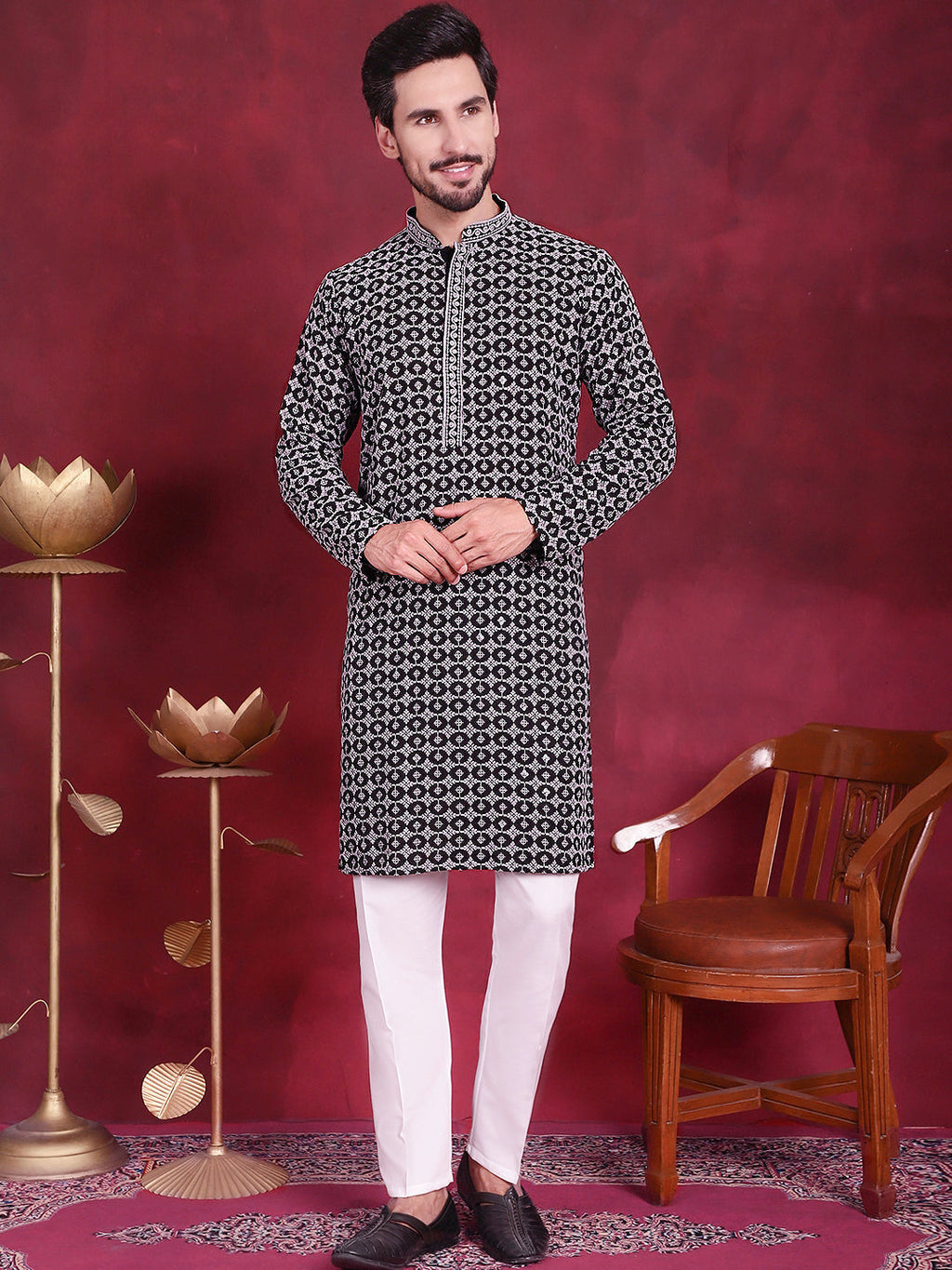 Jompers Men's Sequins Embroidered Kurta with Pyjama - Grey | Grocsy