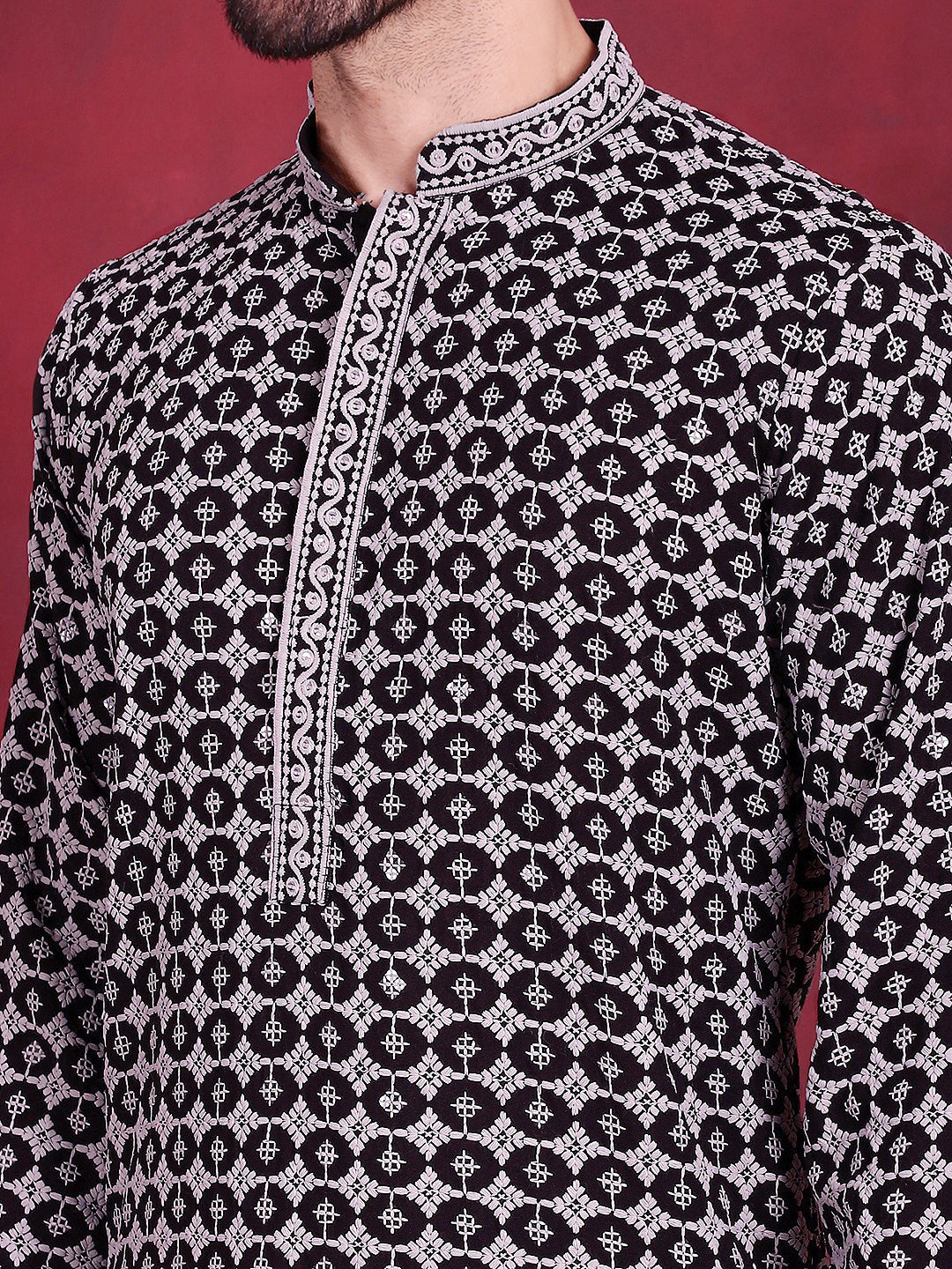 Jompers Men's Sequins Embroidered Kurta with Pyjama - Grey | Grocsy
