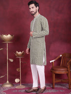 Jompers Men's Sequins Embroidered Kurta with Pyjama - Mehndi | Grocsy