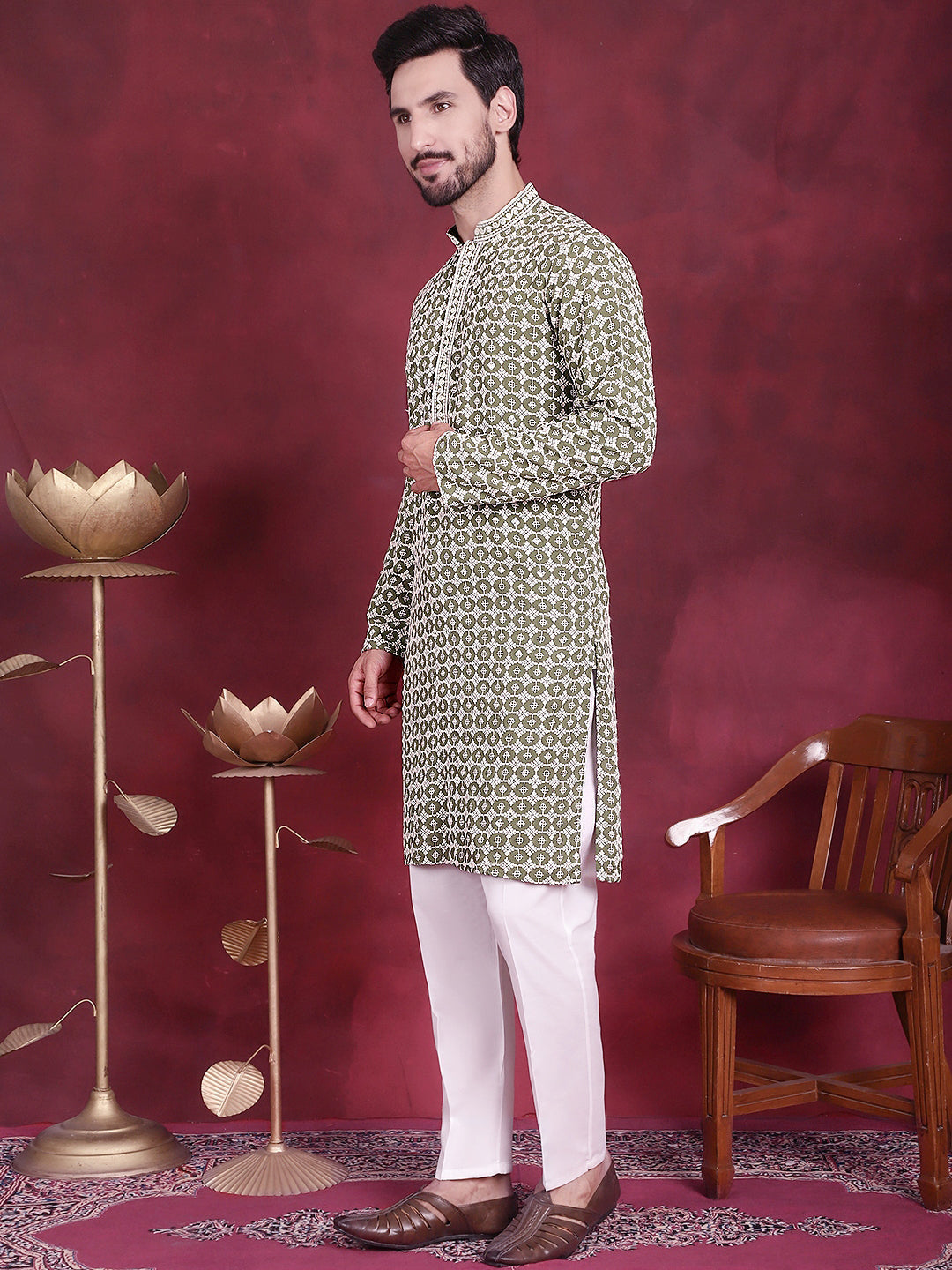 Jompers Men's Sequins Embroidered Kurta with Pyjama - Mehndi | Grocsy