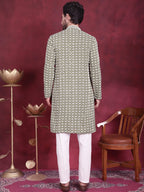 Jompers Men's Sequins Embroidered Kurta with Pyjama - Mehndi | Grocsy