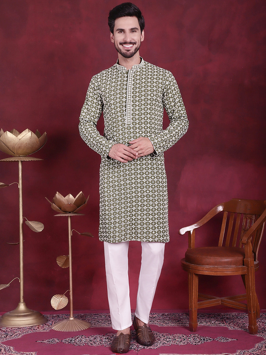 Jompers Men's Sequins Embroidered Kurta with Pyjama - Mehndi | Grocsy