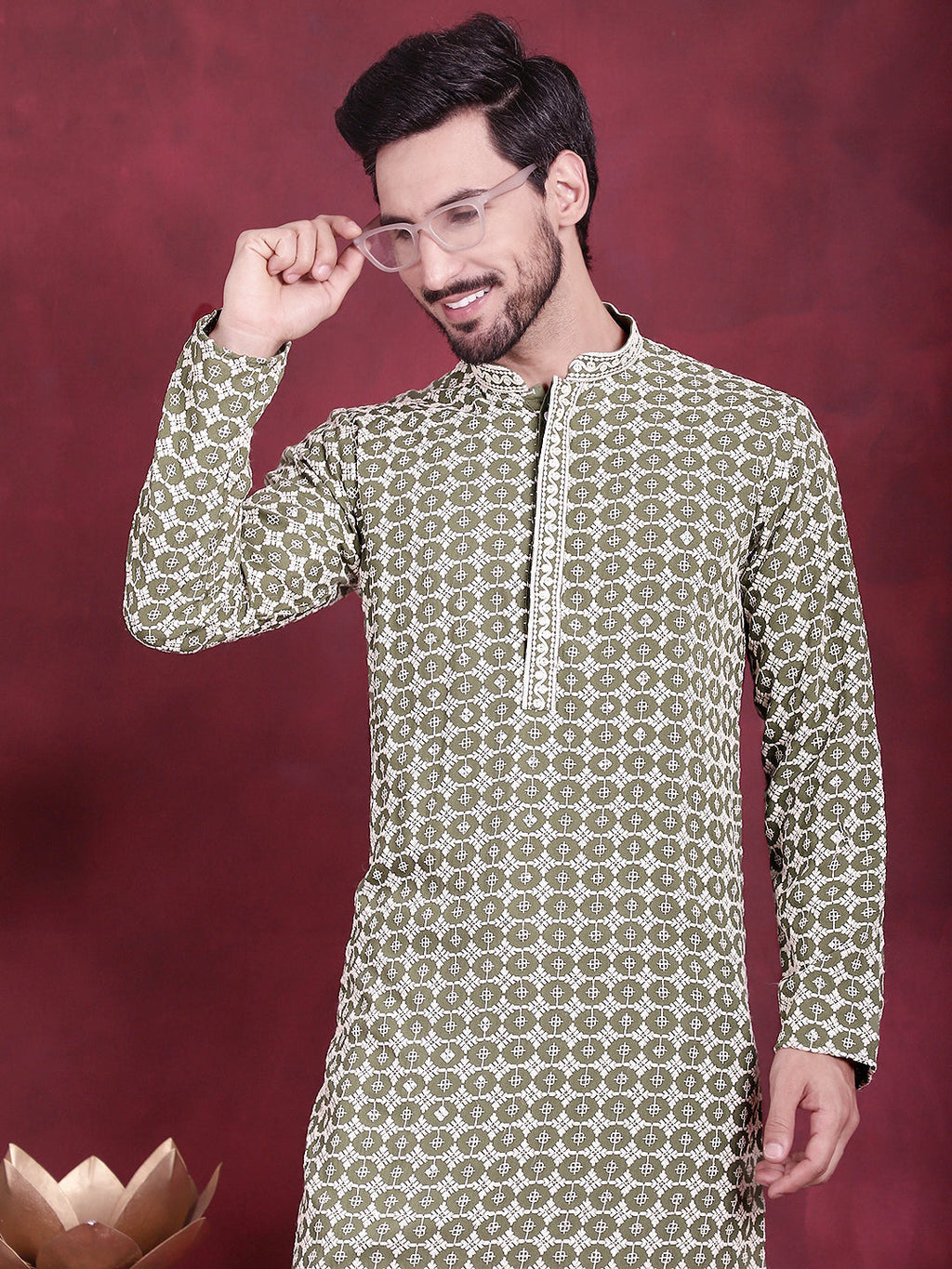 Jompers Men's Sequins Embroidered Kurta with Pyjama - Mehndi | Grocsy
