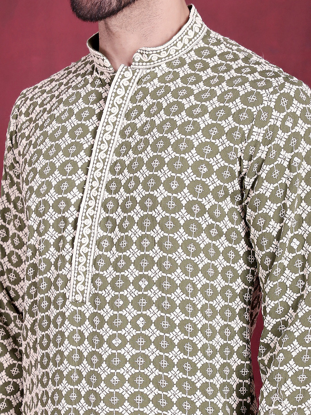 Jompers Men's Sequins Embroidered Kurta with Pyjama - Mehndi | Grocsy