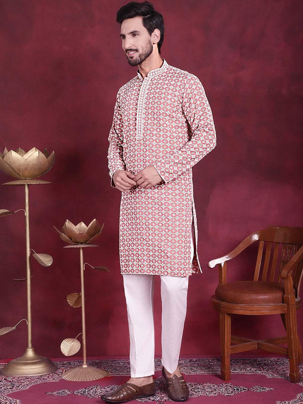 Jompers Men's Sequins Embroidered Kurta with Pyjama - Peach | Grocsy