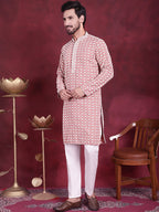 Jompers Men's Sequins Embroidered Kurta with Pyjama - Peach | Grocsy