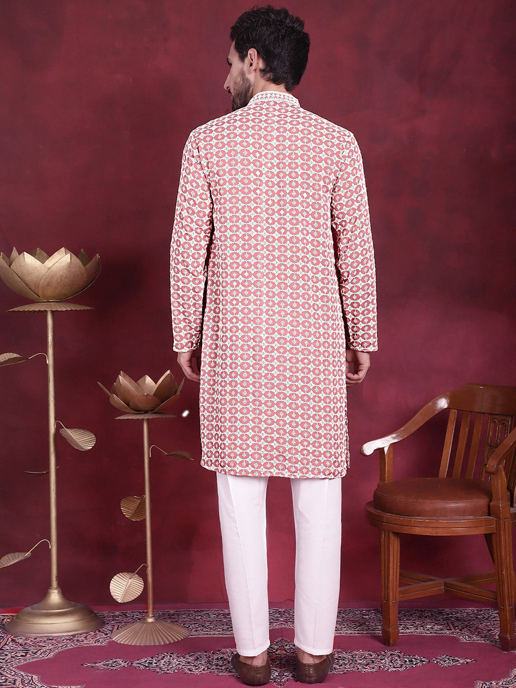 Jompers Men's Sequins Embroidered Kurta with Pyjama - Peach | Grocsy