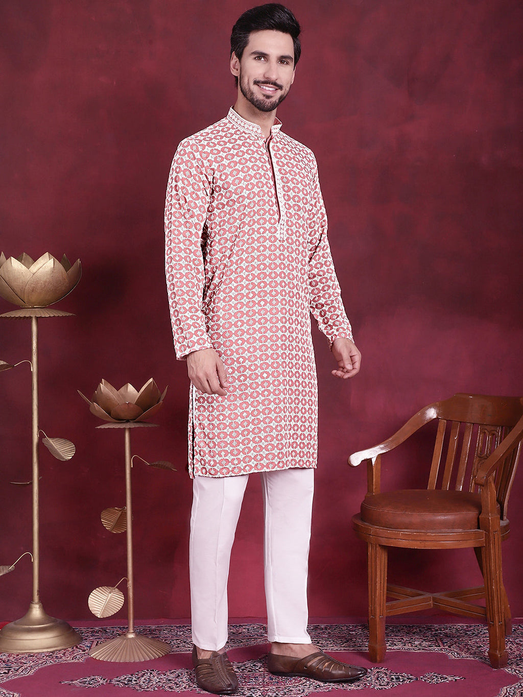 Jompers Men's Sequins Embroidered Kurta with Pyjama - Peach | Grocsy