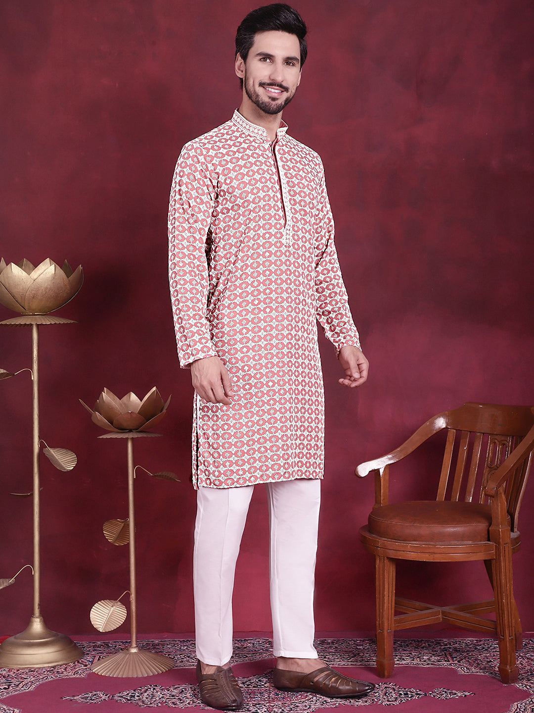 Jompers Men's Sequins Embroidered Kurta with Pyjama - Peach | Grocsy