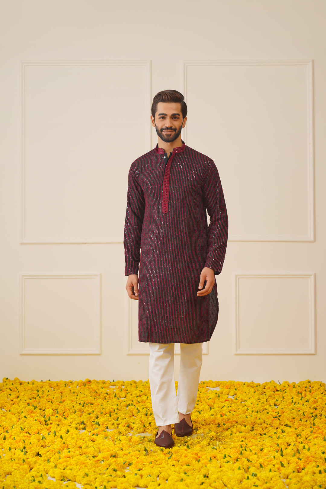 Jompers Men's Sequins Chikankari Embroidered Kurta with Pyjama - Maroon | Grocsy