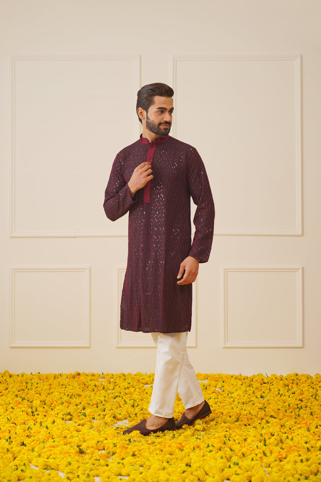 Jompers Men's Sequins Chikankari Embroidered Kurta with Pyjama - Maroon | Grocsy