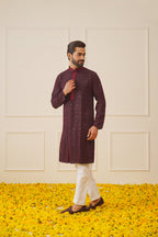 Jompers Men's Sequins Chikankari Embroidered Kurta with Pyjama - Maroon | Grocsy