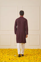 Jompers Men's Sequins Chikankari Embroidered Kurta with Pyjama - Maroon | Grocsy
