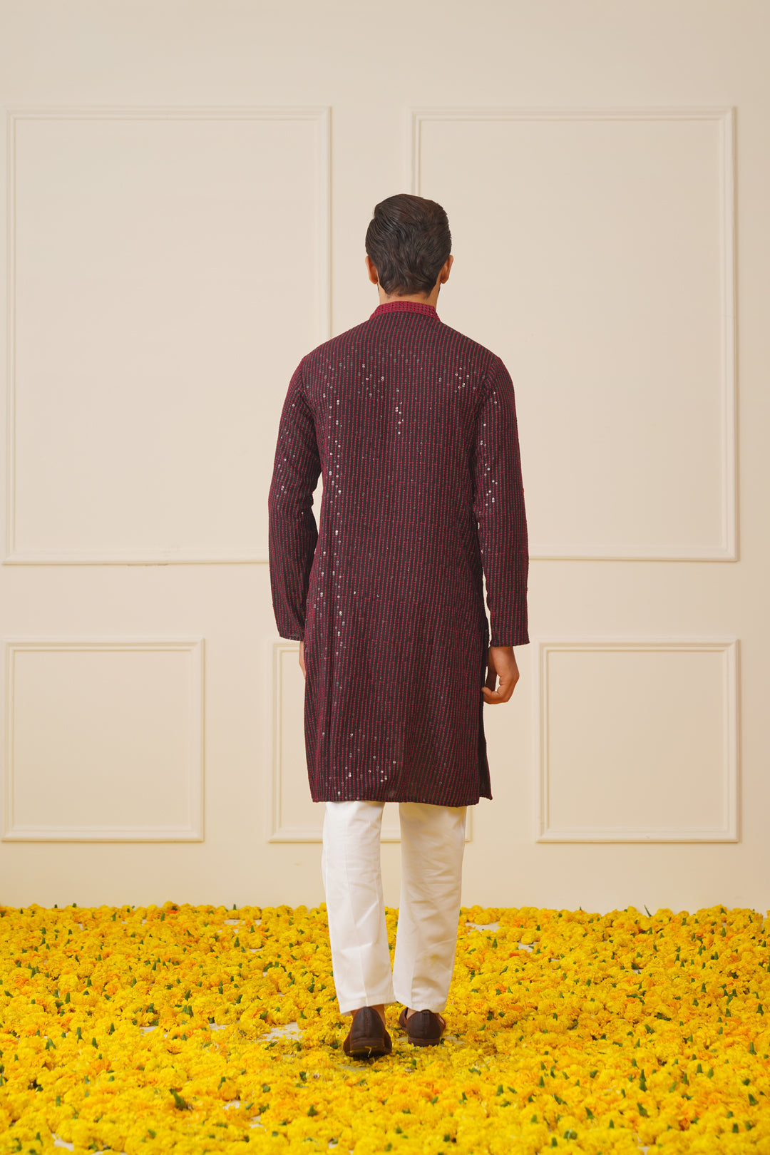 Jompers Men's Sequins Chikankari Embroidered Kurta with Pyjama - Maroon | Grocsy