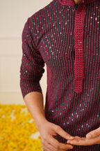 Jompers Men's Sequins Chikankari Embroidered Kurta with Pyjama - Maroon | Grocsy