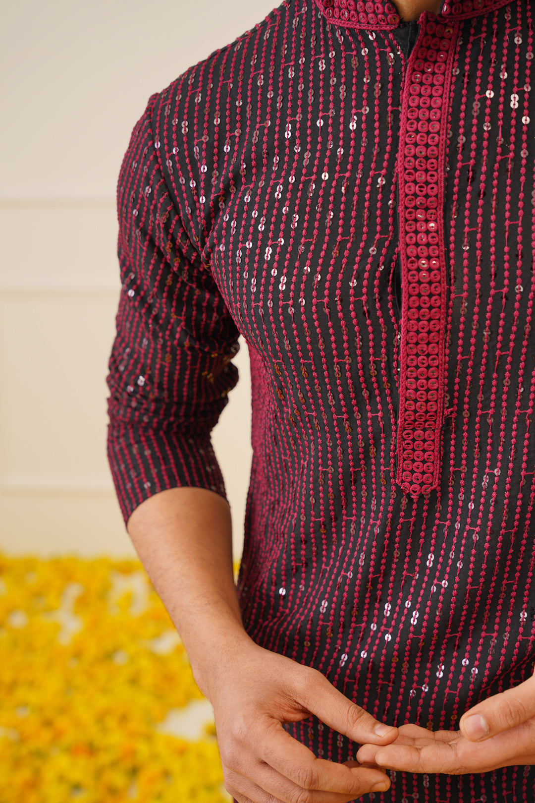 Jompers Men's Sequins Chikankari Embroidered Kurta with Pyjama - Maroon | Grocsy