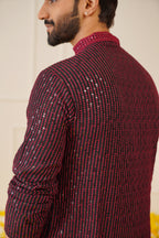 Jompers Men's Sequins Chikankari Embroidered Kurta with Pyjama - Maroon | Grocsy