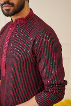 Jompers Men's Sequins Chikankari Embroidered Kurta with Pyjama - Maroon | Grocsy