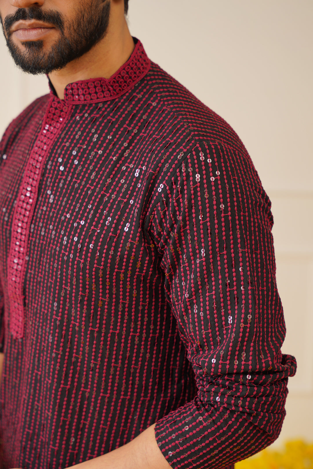 Jompers Men's Sequins Chikankari Embroidered Kurta with Pyjama - Maroon | Grocsy