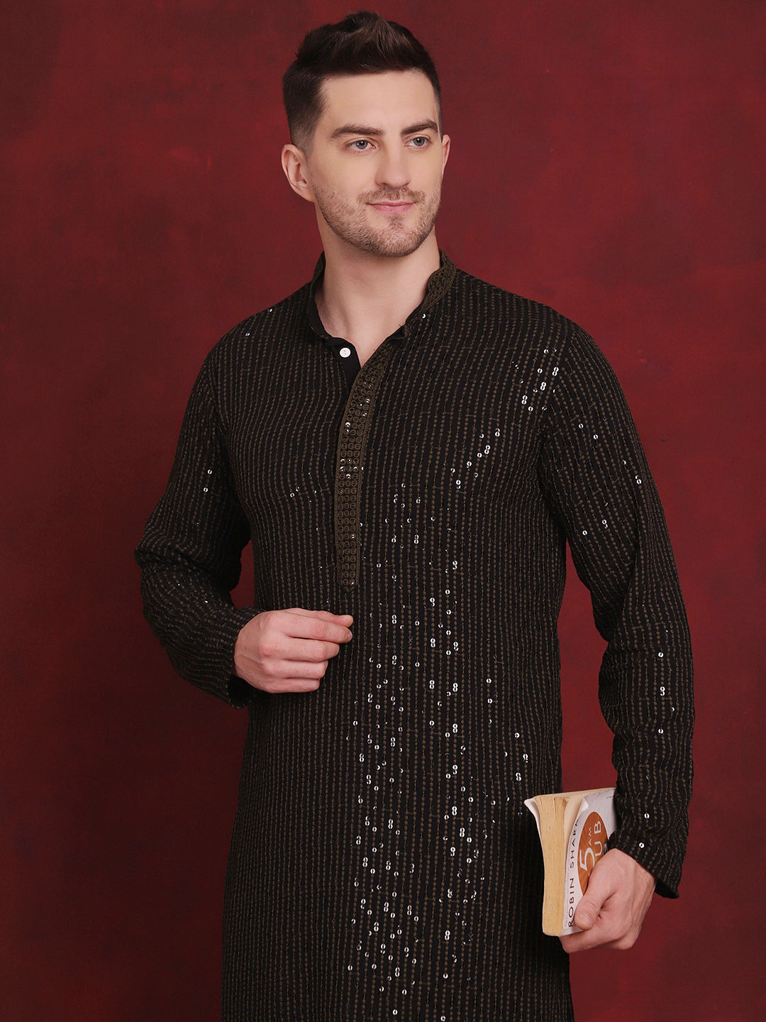Jompers Men's Sequins Chikankari Embroidered Kurta with Pyjama - Olive | Grocsy
