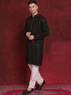 Jompers Men's Sequins Chikankari Embroidered Kurta with Pyjama - Olive | Grocsy