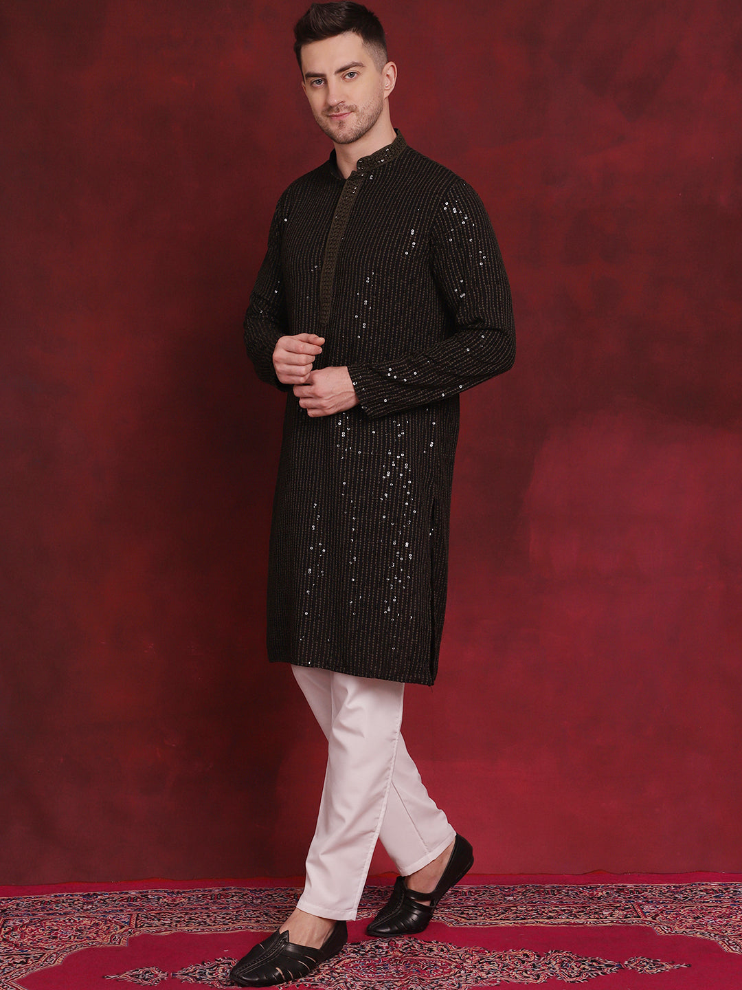 Jompers Men's Sequins Chikankari Embroidered Kurta with Pyjama - Olive | Grocsy