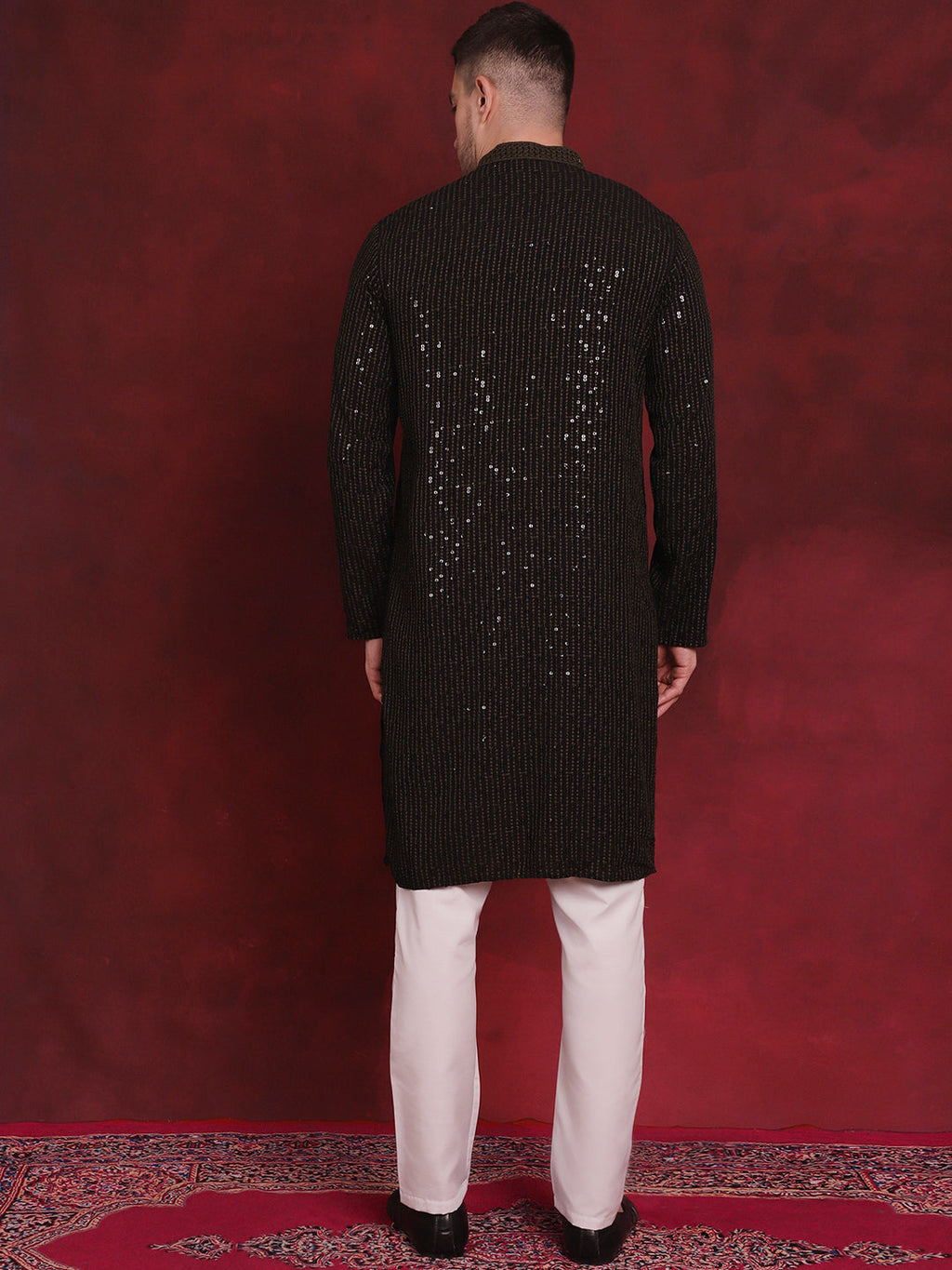 Jompers Men's Sequins Chikankari Embroidered Kurta with Pyjama - Olive | Grocsy
