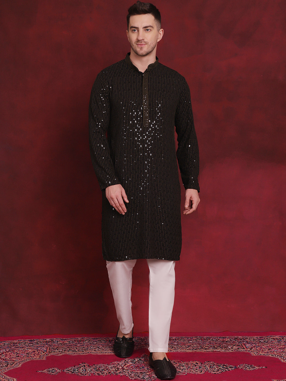 Jompers Men's Sequins Chikankari Embroidered Kurta with Pyjama - Olive | Grocsy