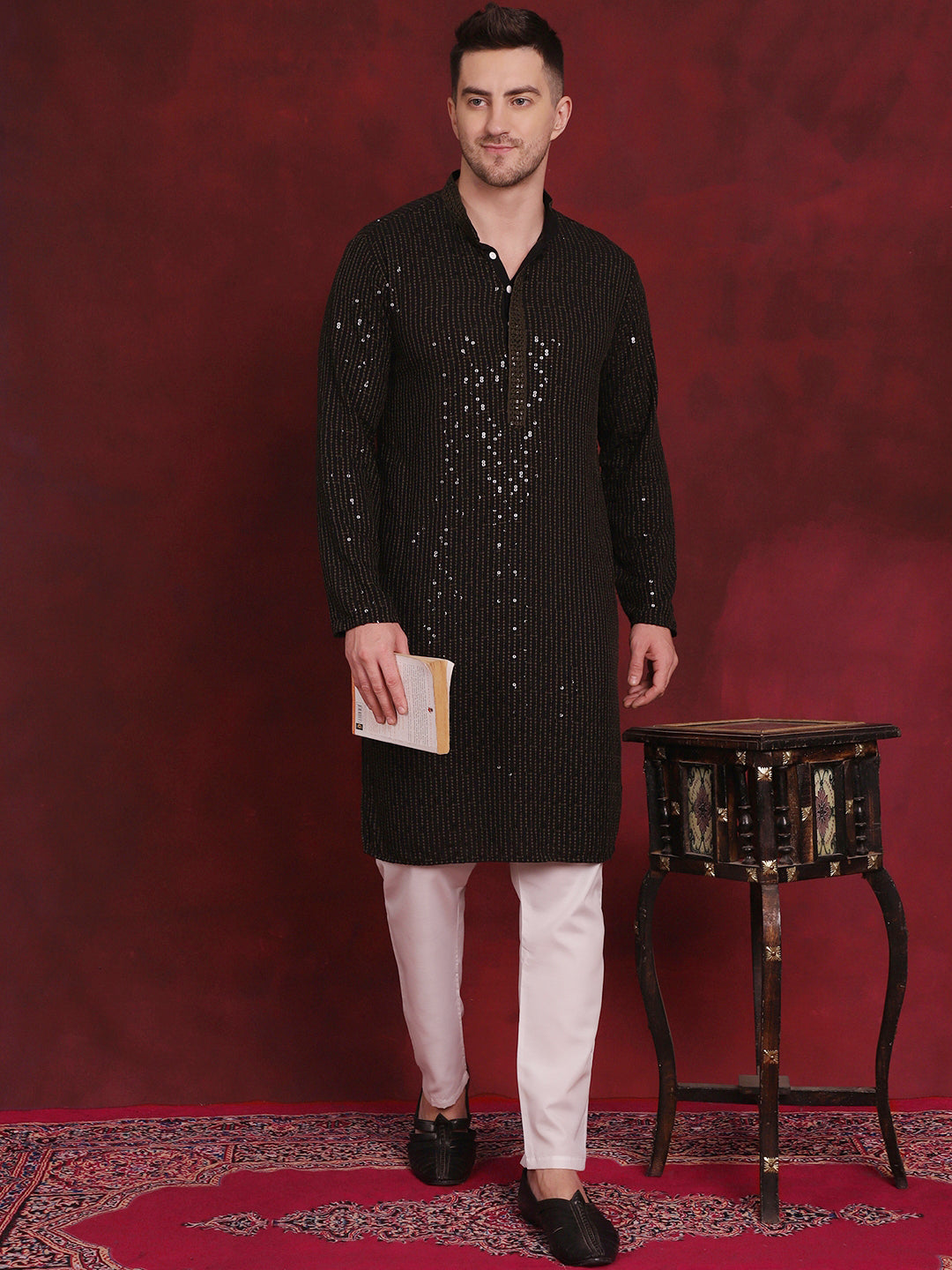Jompers Men's Sequins Chikankari Embroidered Kurta with Pyjama - Olive | Grocsy