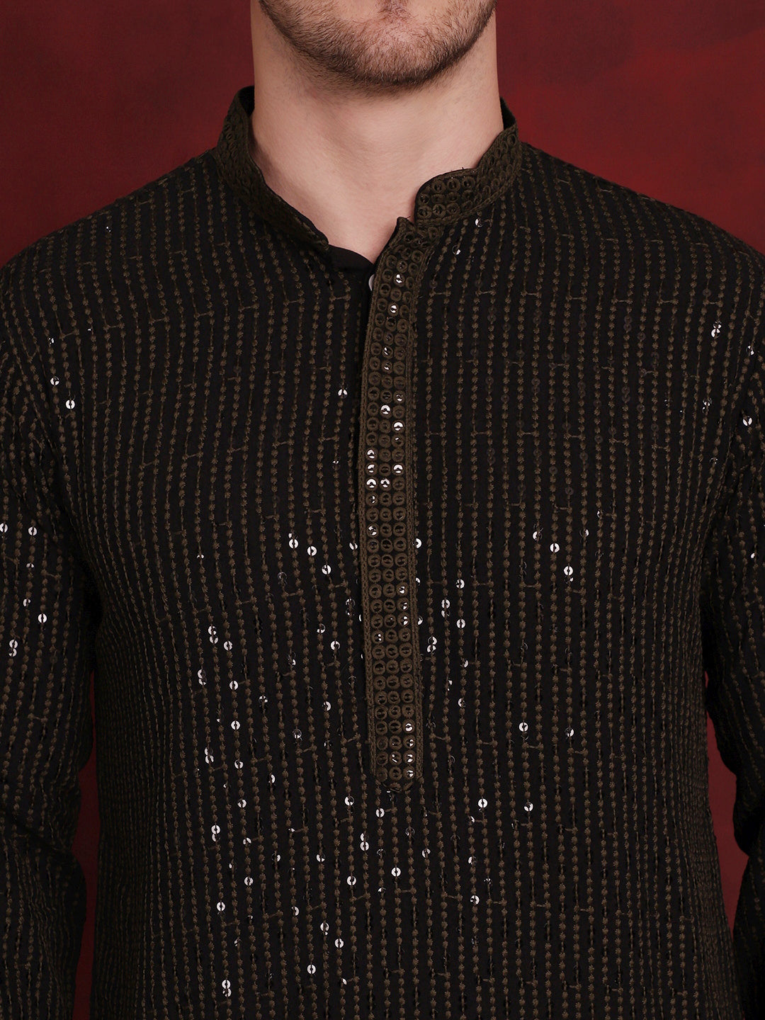 Jompers Men's Sequins Chikankari Embroidered Kurta with Pyjama - Olive | Grocsy