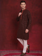 Jompers Men's Sequins Chikankari Embroidered Kurta with Pyjama - Orange | Grocsy