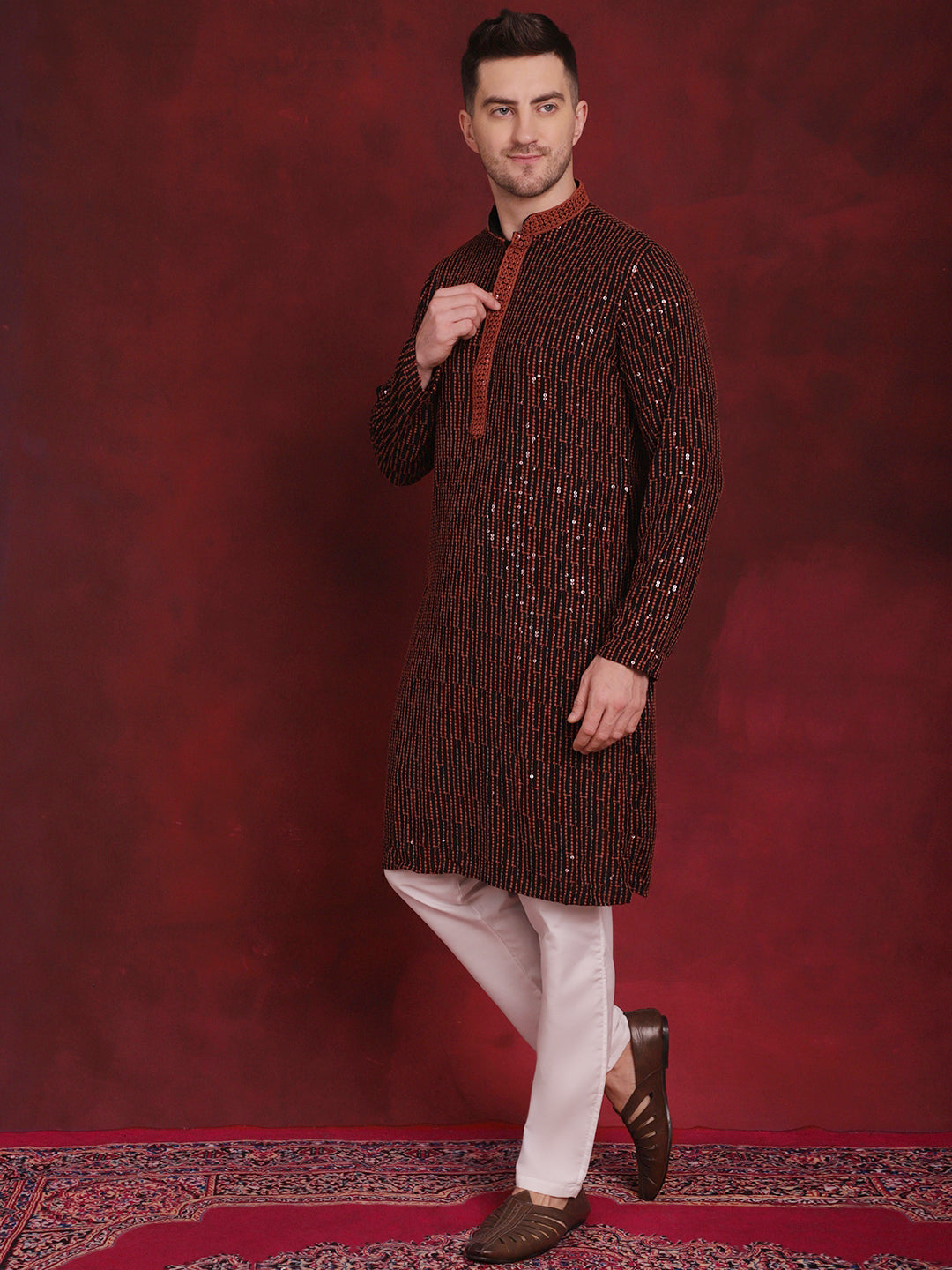 Jompers Men's Sequins Chikankari Embroidered Kurta with Pyjama - Orange | Grocsy
