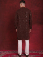 Jompers Men's Sequins Chikankari Embroidered Kurta with Pyjama - Orange | Grocsy