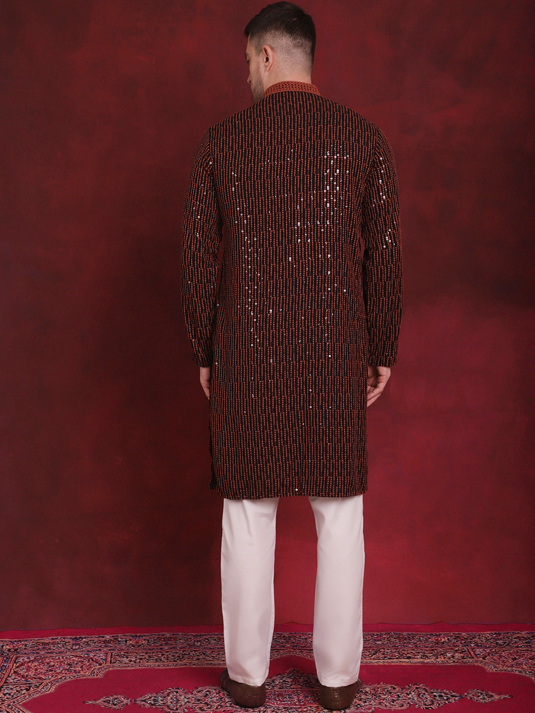 Jompers Men's Sequins Chikankari Embroidered Kurta with Pyjama - Orange | Grocsy